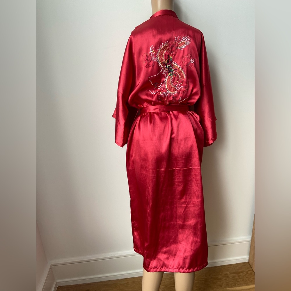 Hand embroidered Ruby Red satin kimono with belt